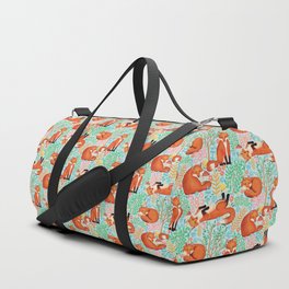 Little Foxes in a Fantasy Forest on Blue Duffle Bag