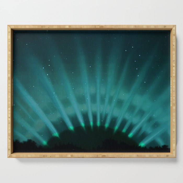 Vintage Aurora Borealis northern lights poster in blue Serving Tray