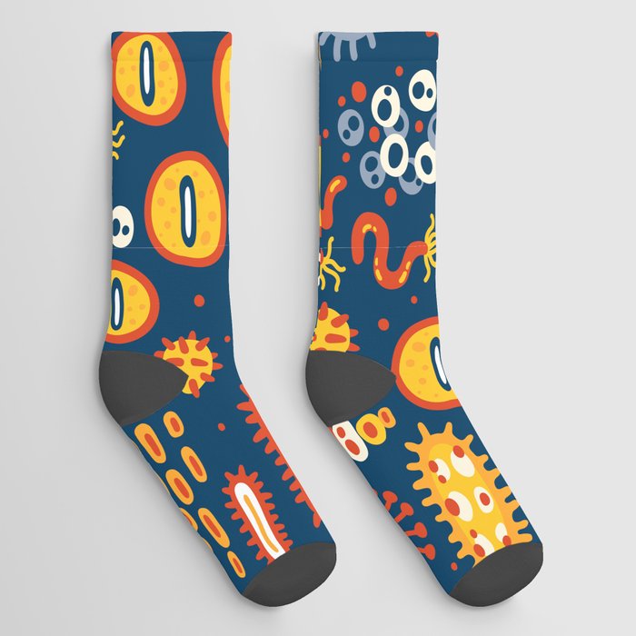 Seamless pattern with different kinds of microorganisms on dark blue background. Viruses. Bacteria biology organisms seamless pattern. Socks