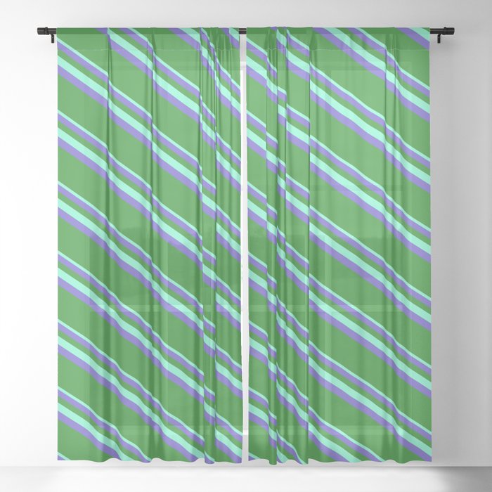 Aquamarine, Slate Blue & Forest Green Colored Lines Pattern Sheer Curtain