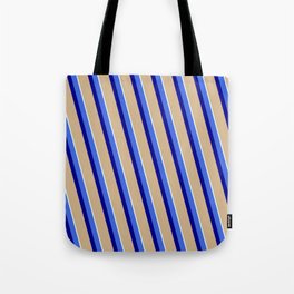 [ Thumbnail: Royal Blue, Dark Blue, Tan & Light Cyan Colored Stripes/Lines Pattern Tote Bag ]