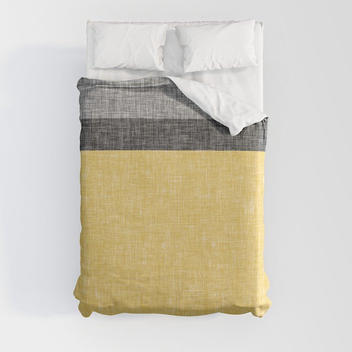 Yellow Grey and Black Section Stripe and Graphic Burlap Print Duvet Cover