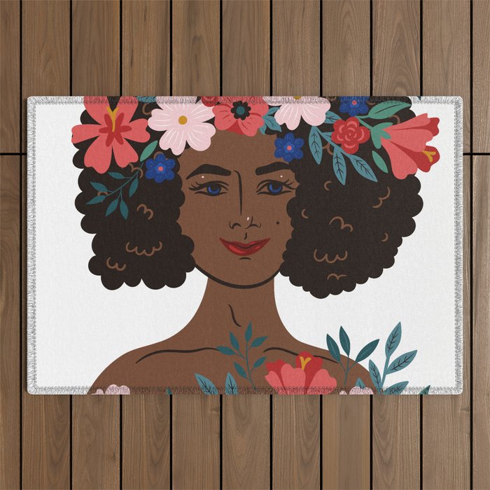 Portrait of a flowery woman Outdoor Rug