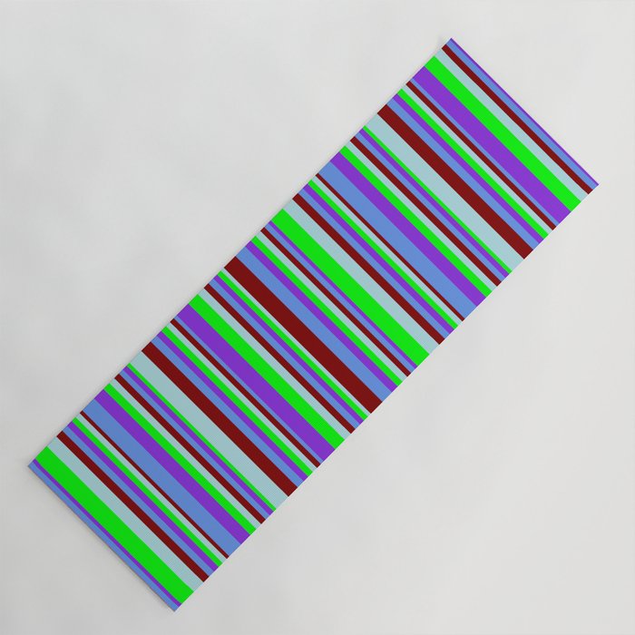 Vibrant Maroon, Powder Blue, Lime, Purple & Cornflower Blue Colored Striped Pattern Yoga Mat