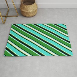 [ Thumbnail: Turquoise, Beige, Forest Green, and Black Colored Lined Pattern Rug ]