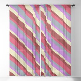 [ Thumbnail: Vibrant Orchid, Pale Goldenrod, Maroon, Crimson, and Slate Gray Colored Lines/Stripes Pattern Sheer Curtain ]