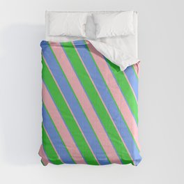[ Thumbnail: Cornflower Blue, Light Pink & Lime Green Colored Lined/Striped Pattern Comforter ]