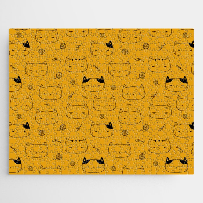 Mustard and Black Doodle Kitten Faces Pattern Jigsaw Puzzle
