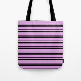 [ Thumbnail: Black and Plum Colored Lined/Striped Pattern Tote Bag ]