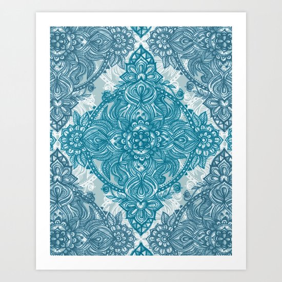 Teal & White Lace Pencil Doodle Art Print