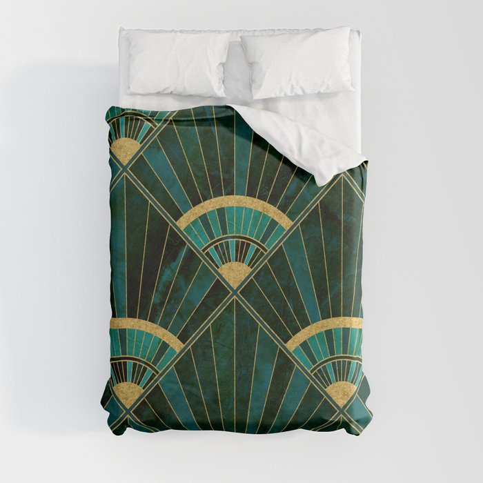 Art Deco Real Green Marbled Geometric Pattern Duvet Cover