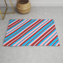 [ Thumbnail: Deep Sky Blue, Pink, and Red Colored Lined/Striped Pattern Rug ]