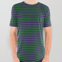 [ Thumbnail: Indigo & Green Colored Pattern of Stripes All Over Graphic Tee ]