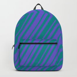 [ Thumbnail: Slate Blue & Dark Cyan Colored Lined Pattern Backpack ]