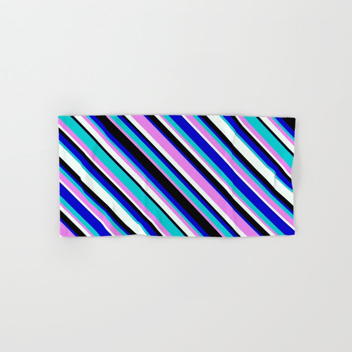 Eyecatching Blue, Dark Turquoise, Violet, Mint Cream, and Black Colored Stripes Pattern Hand & Bath Towel
