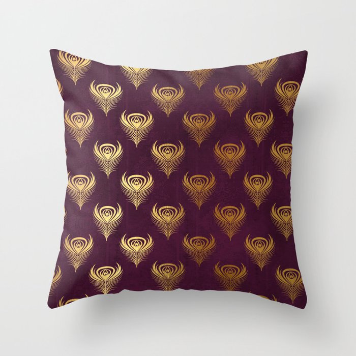 Purple gold peacock feather Throw Pillow