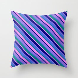 [ Thumbnail: Purple, Royal Blue, Teal, Violet & Blue Colored Stripes/Lines Pattern Throw Pillow ]