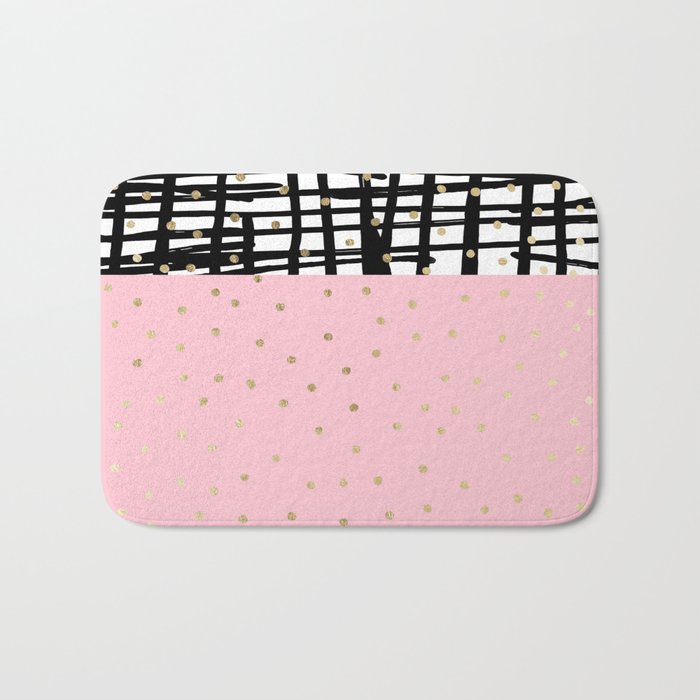 Modern geometrical black pink faux gold polka dots Bath Mat