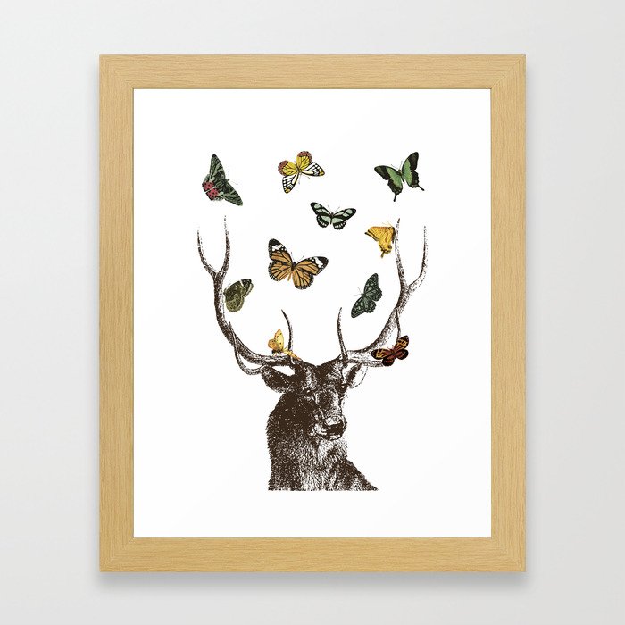 The Stag and Butterflies | Deer and Butterflies | Vintage Stag | Vintage Deer | Antlers | Woodland | Framed Art Print
