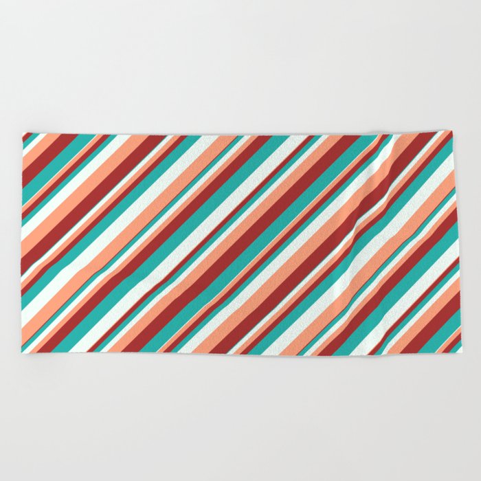 Light Sea Green, Mint Cream, Light Salmon, and Brown Colored Striped Pattern Beach Towel