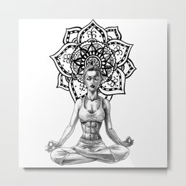 Sukhasana Metal Print | Woman, Inkwash, Figurative, Girl, Sukhasana, Drawing, Curated, Ink, Mandala, Meditation 