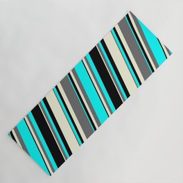 [ Thumbnail: Beige, Dim Grey, Aqua & Black Colored Lines/Stripes Pattern Yoga Mat ]