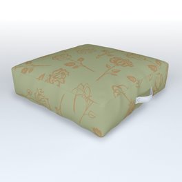 Gold Roses Silhouette on Sage Green Outdoor Floor Cushion |  , Retro, Roses, Seamless, Botanical, Background, Countryside, Rosebud, Golden, Leaves 