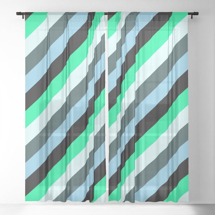 Vibrant Green, Light Cyan, Dark Slate Gray, Sky Blue & Black Colored Pattern of Stripes Sheer Curtain