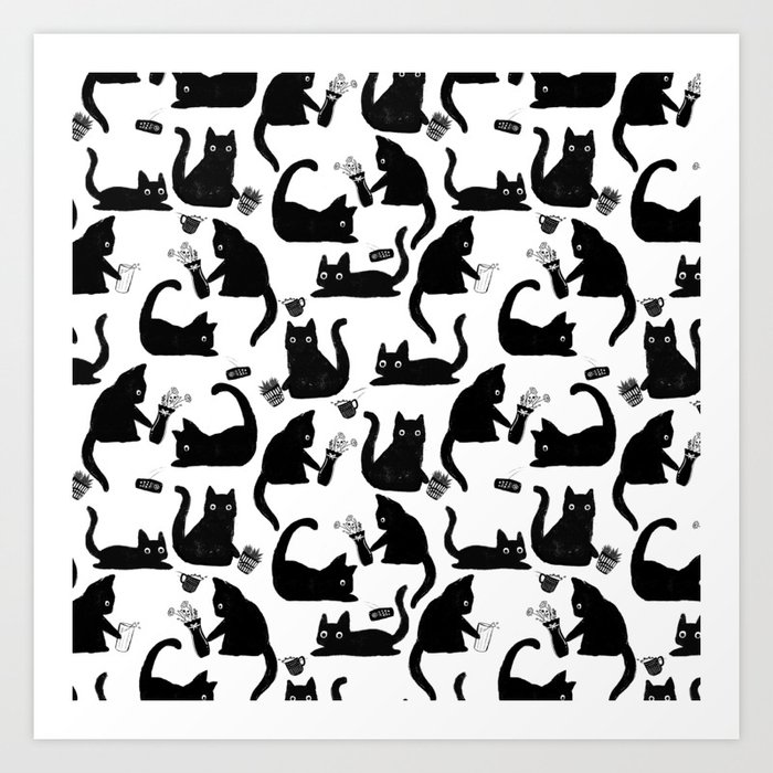 Bad Cats Knocking Stuff Over Art Print | Drawing, Digital, Pattern, Black, White, Cats, Bad-cats, Knocking-things-over, Cats-being-jerks, Kittens