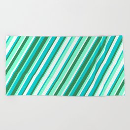 [ Thumbnail: Dark Turquoise, Sea Green, Aquamarine, and Mint Cream Colored Striped/Lined Pattern Beach Towel ]