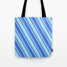 [ Thumbnail: Royal Blue & Turquoise Colored Lined/Striped Pattern Tote Bag ]
