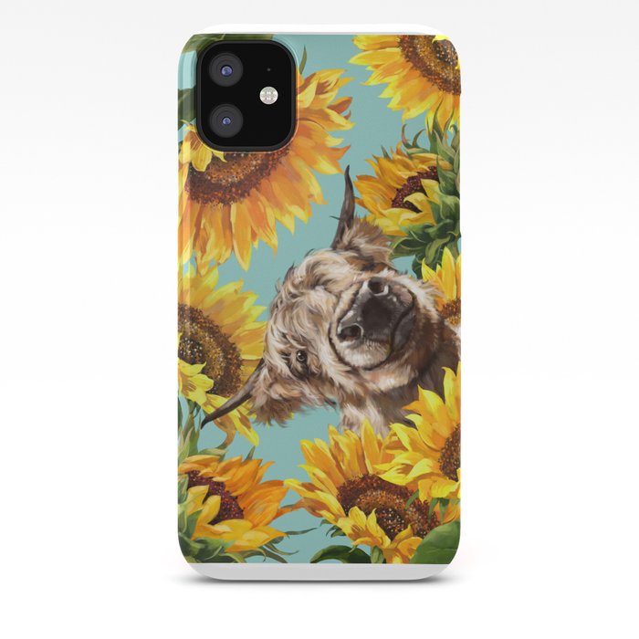 Highland Cow With Sunflowers In Blue Iphone Case By Bignosework Society6