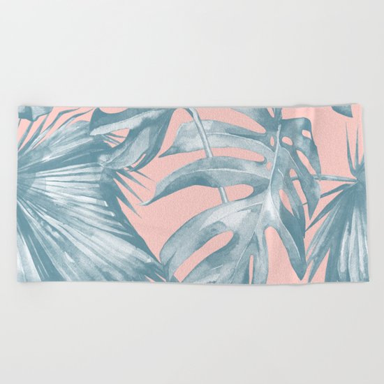 Tropical Leaves Ocean Blue on Coral Pink Beach Towel