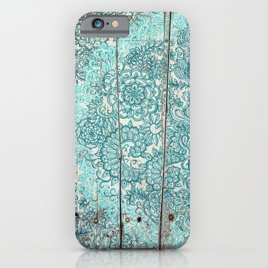 Teal & Aqua Botanical Doodle on Weathered Wood iPhone & iPod Case