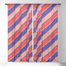 [ Thumbnail: Dark Salmon, Blue, and Red Colored Striped/Lined Pattern Sheer Curtain ]