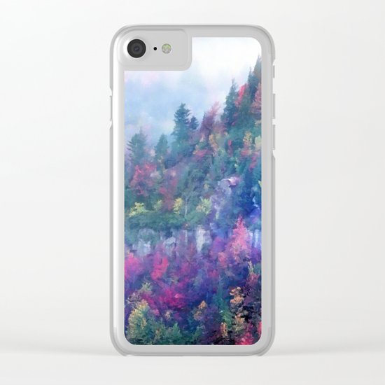 Fog over a colorful fall mountain forest Clear iPhone Case