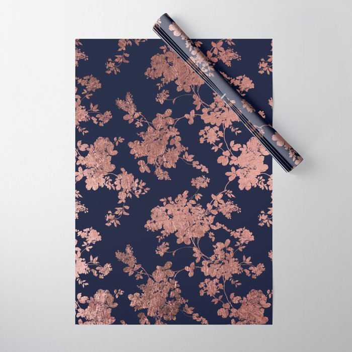 Modern elegant navy blue faux rose gold floral Wrapping Paper by Pink Water