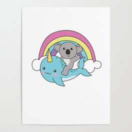 Narwhal Koala Ocean Unicorn Kawaii Rainbow Poster
