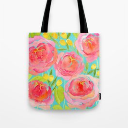 Pink Peonies On Turquoise - Watercolor Floral Print  Tote Bag