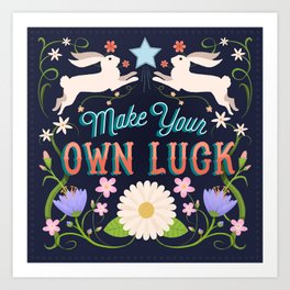 Make Your Own Luck Vintage Floral Sign With Rabbits Art Print