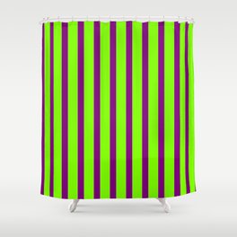 [ Thumbnail: Chartreuse and Purple Colored Lined/Striped Pattern Shower Curtain ]