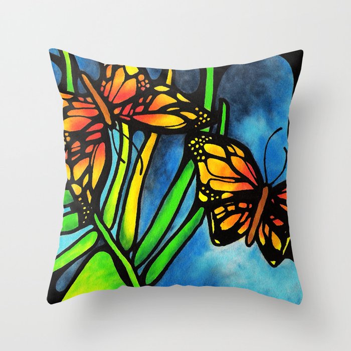 Beautiful Monarch Butterflies Fluttering Over Palm Fronds by annmariescreations Throw Pillow