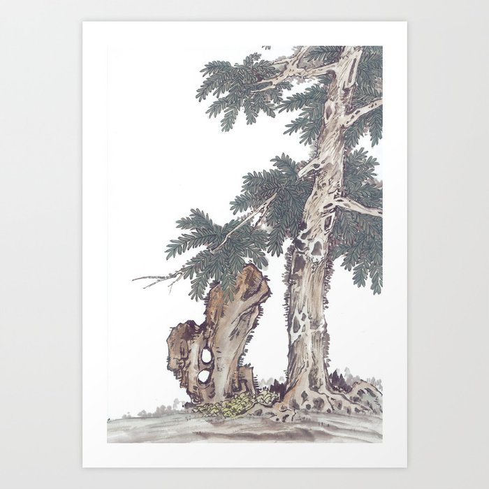 Chinese Ink And Brush Painting Of Trees And Mountains Art Print By