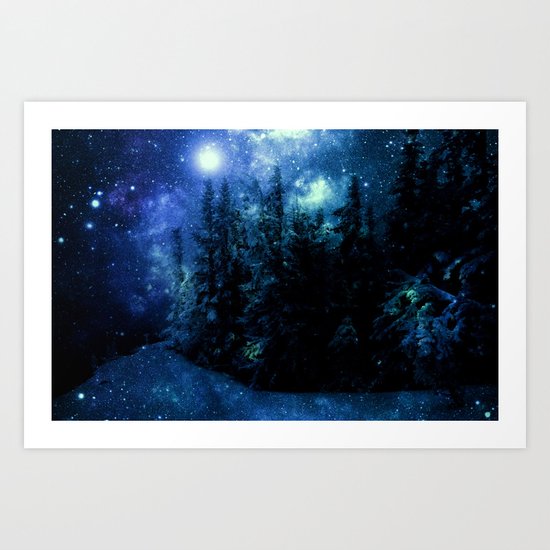 Galaxy Winter Forest Deep Blue Green Art Print