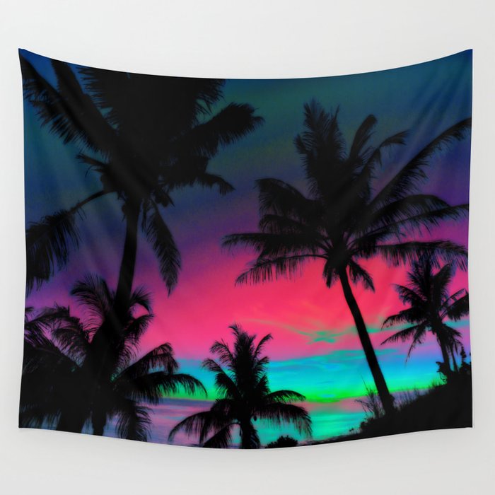 Deep Pink Palm Tree Sunset Wall Tapestry