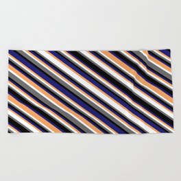 [ Thumbnail: Colorful Brown, White, Dim Gray, Black & Midnight Blue Colored Lines Pattern Beach Towel ]