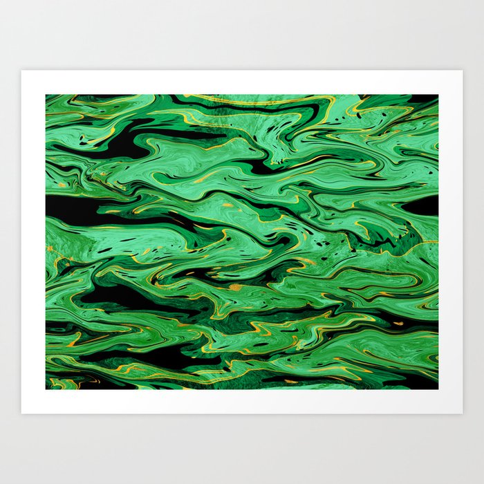 Emerald green and black fluid art, bright green marble texture Art Print