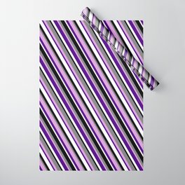 [ Thumbnail: Black, Grey, Plum, Indigo, and White Colored Pattern of Stripes Wrapping Paper ]