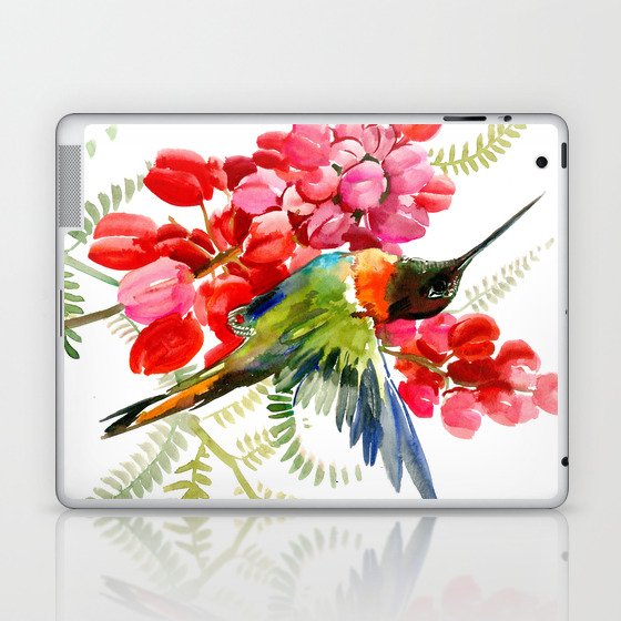 Collared Inca Hummingbird and Coral Pink Flowers Laptop & iPad Skin
