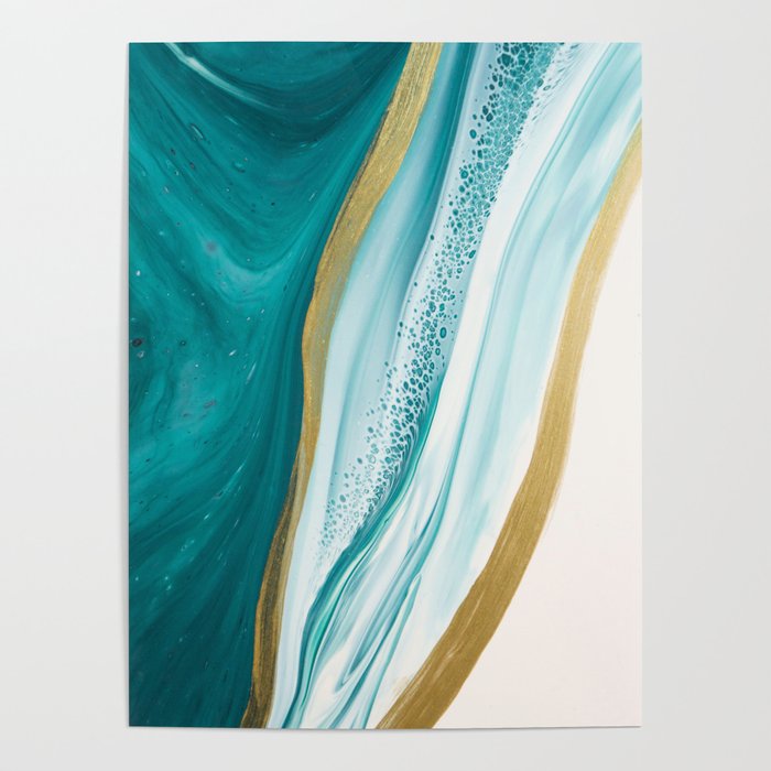 Aquamarine + Gold + Cream Shoreline Abstract Artwork Poster